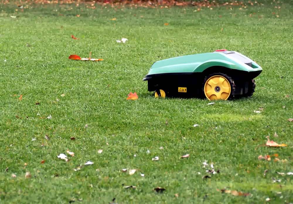 Robot grasmaaier aan het maaien tussen herfst bladeren